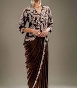 Chocolate brown chinon silk blend ready-to-wear jacket saree set