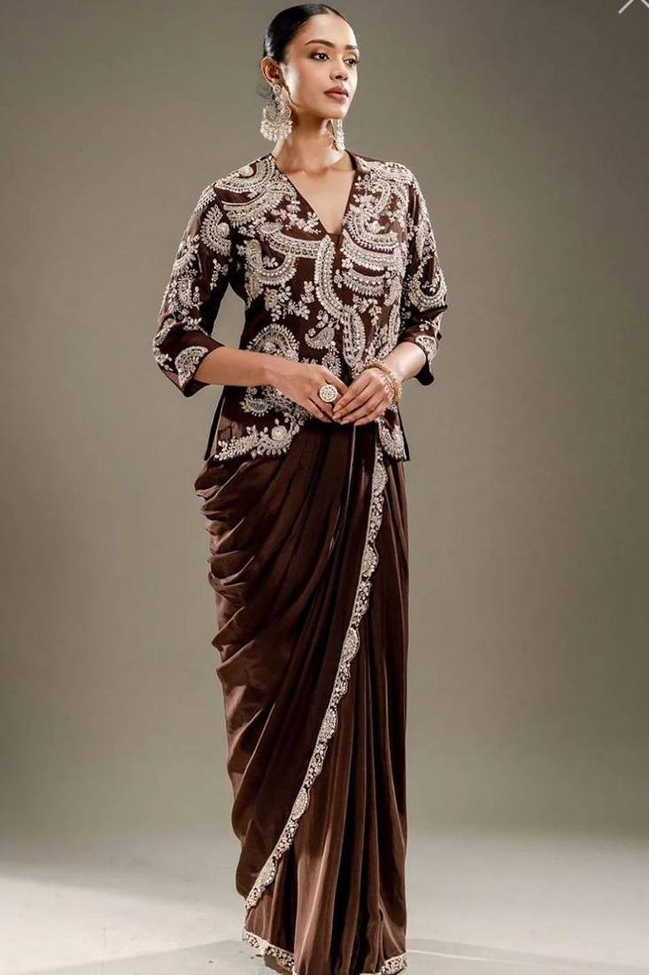 Chocolate brown chinon silk blend ready-to-wear jacket saree set