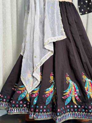 Black Silk Free Size Stitched Navratri Lehenga Choli with Thread Embroidery & Sequence Work 4
