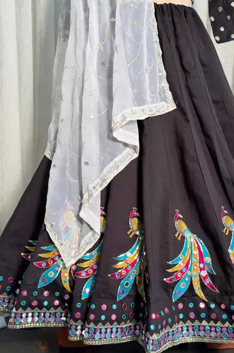 Black Silk Free Size Stitched Navratri Lehenga Choli with Thread Embroidery & Sequence Work