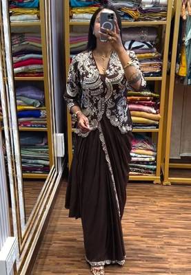 Chocolate brown chinon silk blend ready-to-wear jacket saree set 2