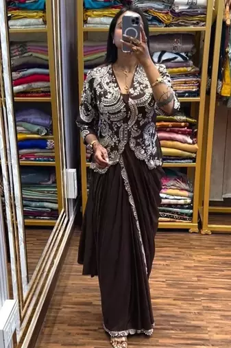 Chocolate brown chinon silk blend ready-to-wear jacket saree set