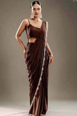 Chocolate brown chinon silk blend ready-to-wear jacket saree set 3