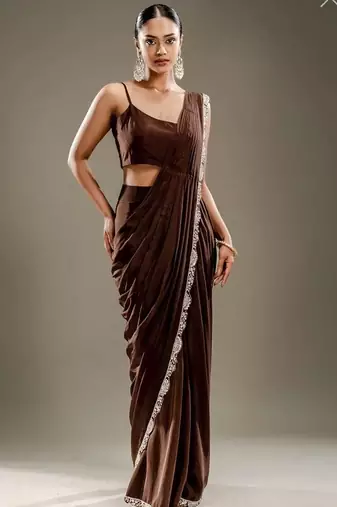 Chocolate brown chinon silk blend ready-to-wear jacket saree set