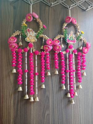  handmade shubh labh door hanging with ganesh lakshmi design pink pom pom tassels pearl strings and bells 1