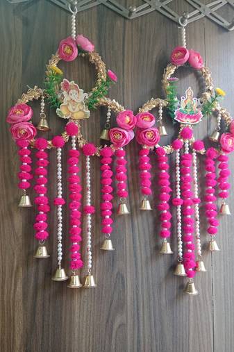  handmade shubh labh door hanging with ganesh lakshmi design pink pom pom tassels pearl strings and bells