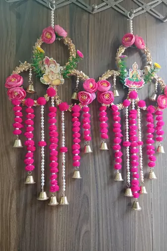  handmade shubh labh door hanging with ganesh lakshmi design pink pom pom tassels pearl strings and bells