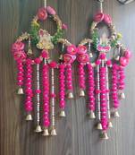  handmade shubh labh door hanging with ganesh lakshmi design pink pom pom tassels pearl strings and bells
