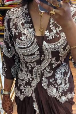 Chocolate brown chinon silk blend ready-to-wear jacket saree set 4