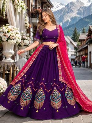 Violet silk blend Free Size Stitched Navratri Lehenga Choli with Embroidery Sequin & Mirror Work 1
