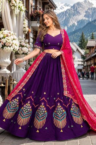 Violet silk blend Free Size Stitched Navratri Lehenga Choli with Embroidery Sequin & Mirror Work