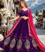 Violet silk blend Free Size Stitched Navratri Lehenga Choli with Embroidery Sequin & Mirror Work