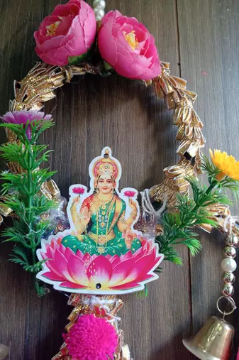  handmade shubh labh door hanging with ganesh lakshmi design pink pom pom tassels pearl strings and bells