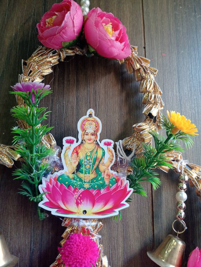 handmade shubh labh door hanging with ganesh lakshmi design pink pom pom tassels pearl strings and bells