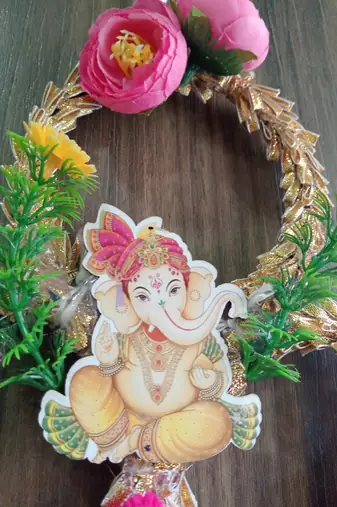  handmade shubh labh door hanging with ganesh lakshmi design pink pom pom tassels pearl strings and bells