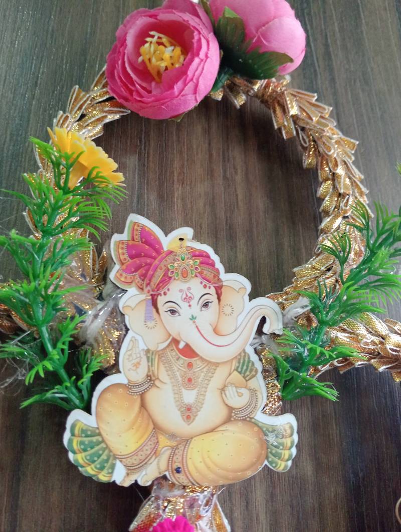  handmade shubh labh door hanging with ganesh lakshmi design pink pom pom tassels pearl strings and bells