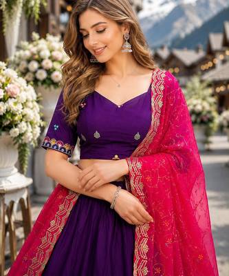 Violet silk blend Free Size Stitched Navratri Lehenga Choli with Embroidery Sequin & Mirror Work 2