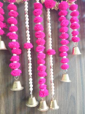  handmade shubh labh door hanging with ganesh lakshmi design pink pom pom tassels pearl strings and bells 4