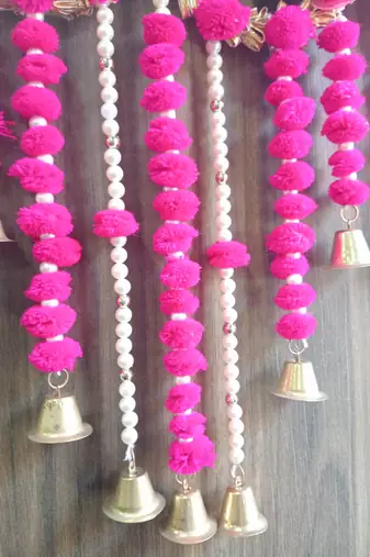  handmade shubh labh door hanging with ganesh lakshmi design pink pom pom tassels pearl strings and bells