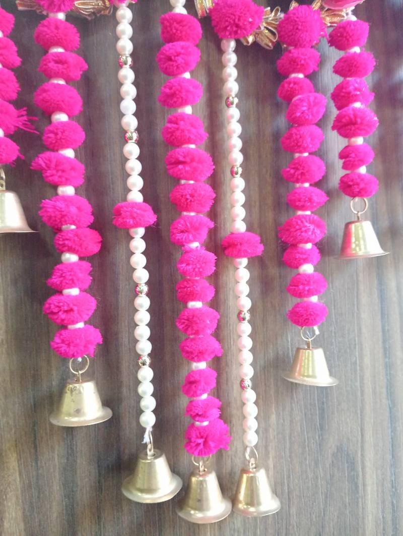  handmade shubh labh door hanging with ganesh lakshmi design pink pom pom tassels pearl strings and bells
