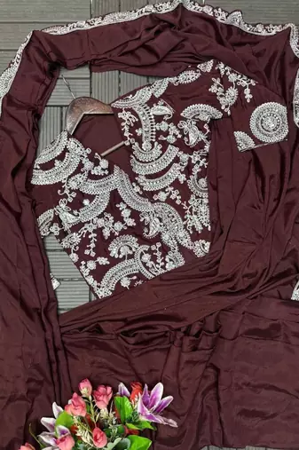Chocolate brown chinon silk blend ready-to-wear jacket saree set