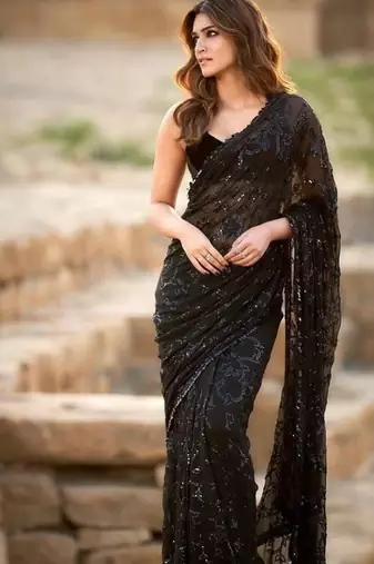 Black georgette saree with heavy multi-embroidery stitch work