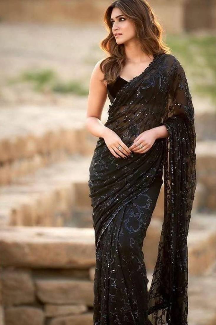 Black georgette saree with heavy multi-embroidery stitch work