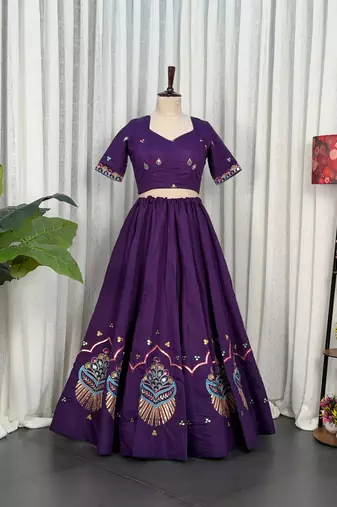 Violet silk blend Free Size Stitched Navratri Lehenga Choli with Embroidery Sequin & Mirror Work