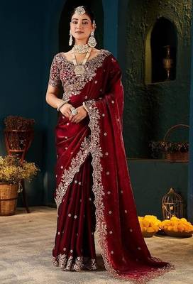 Fendy satin saree with full c-pallu cut-work embroidery 1