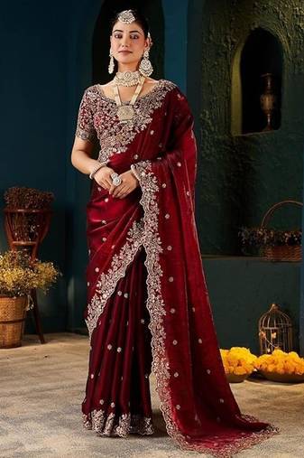 Fendy satin saree with full c-pallu cut-work embroidery