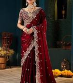 Fendy satin saree with full c-pallu cut-work embroidery