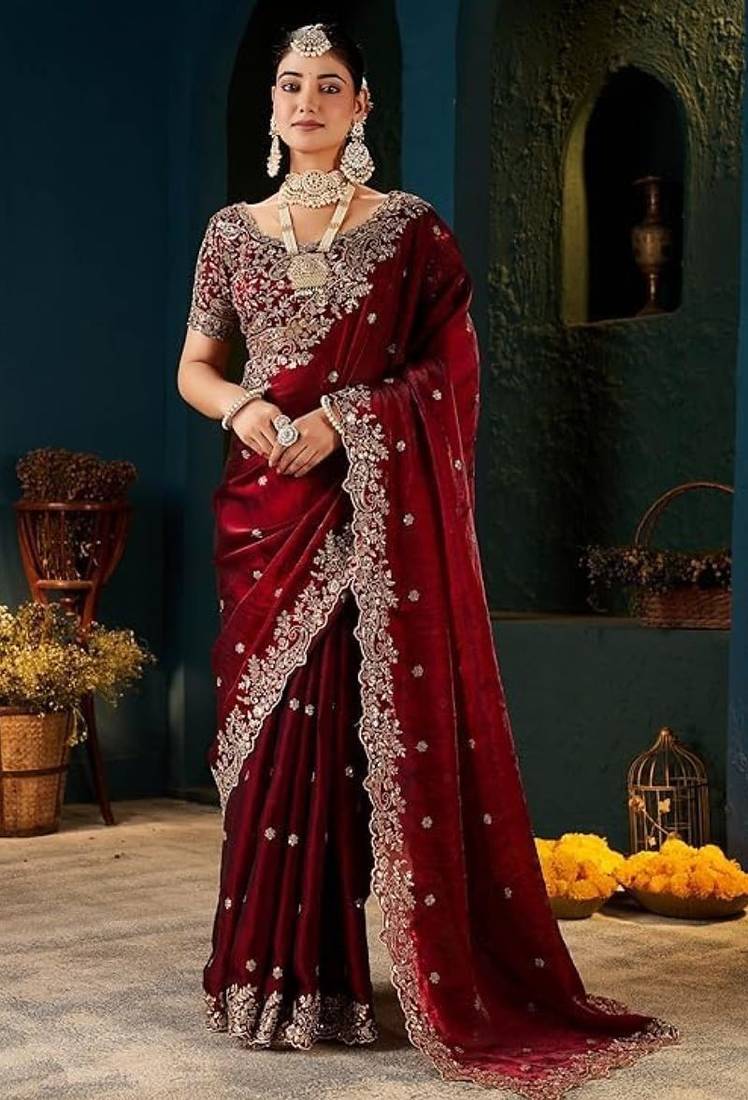 Fendy satin saree with full c-pallu cut-work embroidery