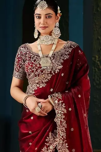 Fendy satin saree with full c-pallu cut-work embroidery