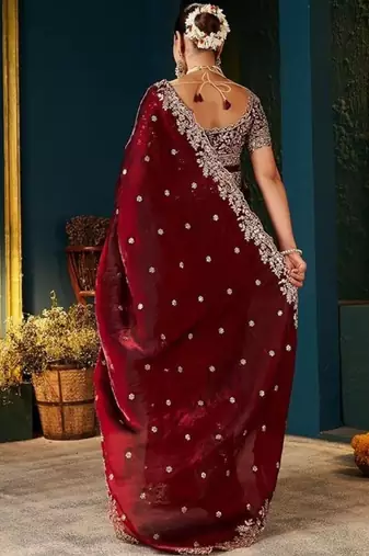 Fendy satin saree with full c-pallu cut-work embroidery