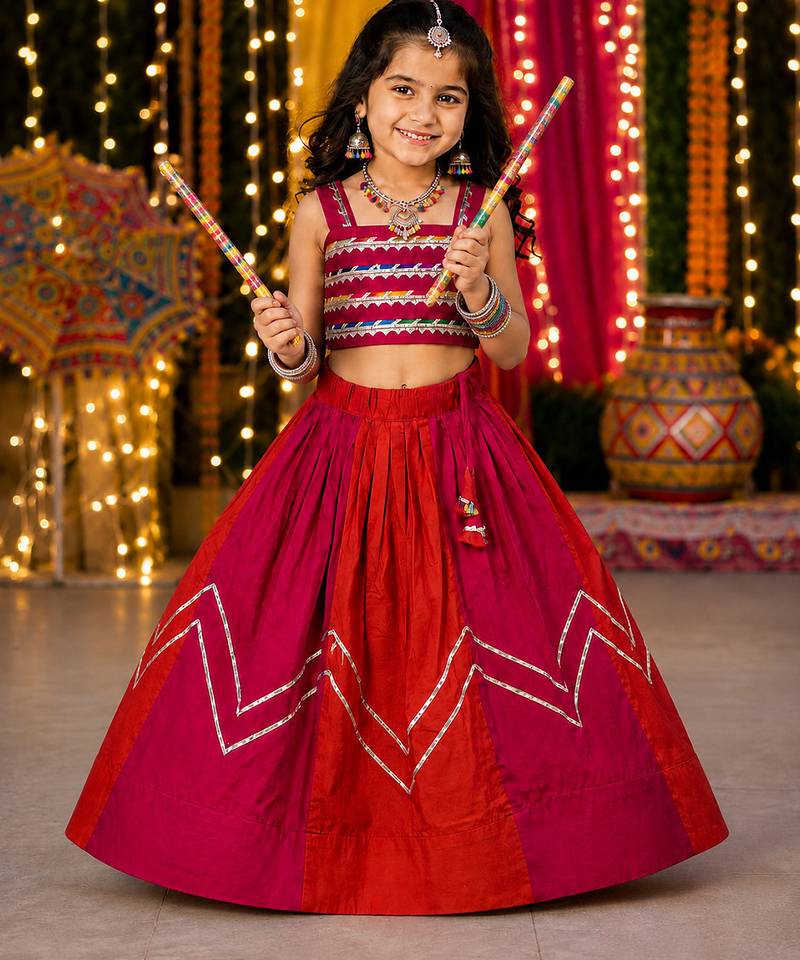 Multicolor Lace Work Kids Chaniya Choli for Navratri Garba and Dandiya