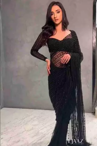 Black mono net saree with heavy all-over multi-embroidery