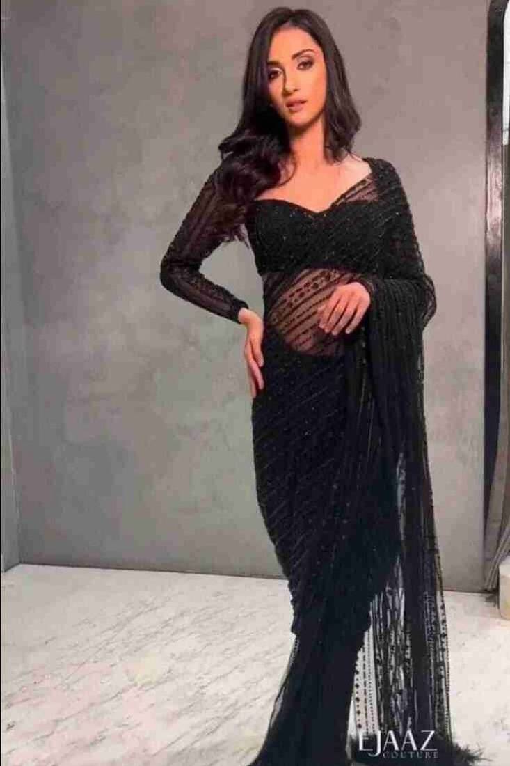 Black mono net saree with heavy all-over multi-embroidery
