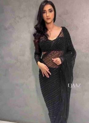 Black mono net saree with heavy all-over multi-embroidery 2
