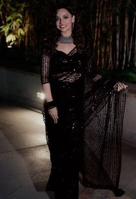 Black mono net saree with heavy all-over multi-embroidery 3