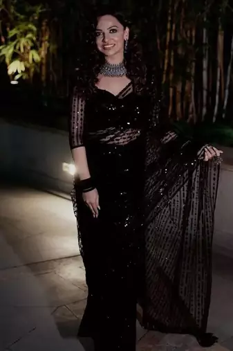 Black mono net saree with heavy all-over multi-embroidery