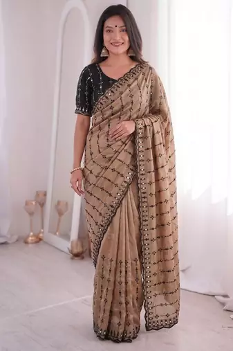Chiku viscose rangoli saree with floral embroidery & real mirror work