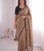 Chiku viscose rangoli saree with floral embroidery & real mirror work
