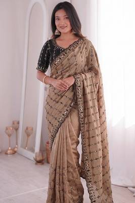 Chiku viscose rangoli saree with floral embroidery & real mirror work 2