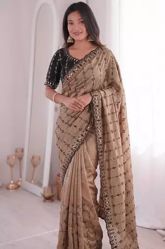 Chiku viscose rangoli saree with floral embroidery & real mirror work
