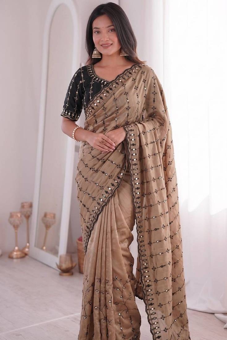 Chiku viscose rangoli saree with floral embroidery & real mirror work