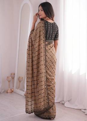 Chiku viscose rangoli saree with floral embroidery & real mirror work 3