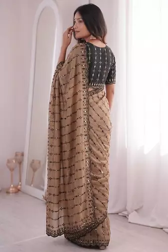 Chiku viscose rangoli saree with floral embroidery & real mirror work
