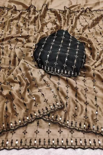 Chiku viscose rangoli saree with floral embroidery & real mirror work