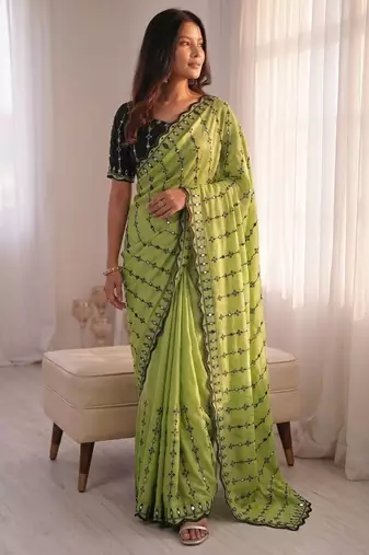 Parrot green viscose rangoli saree with floral embroidery & real mirror work