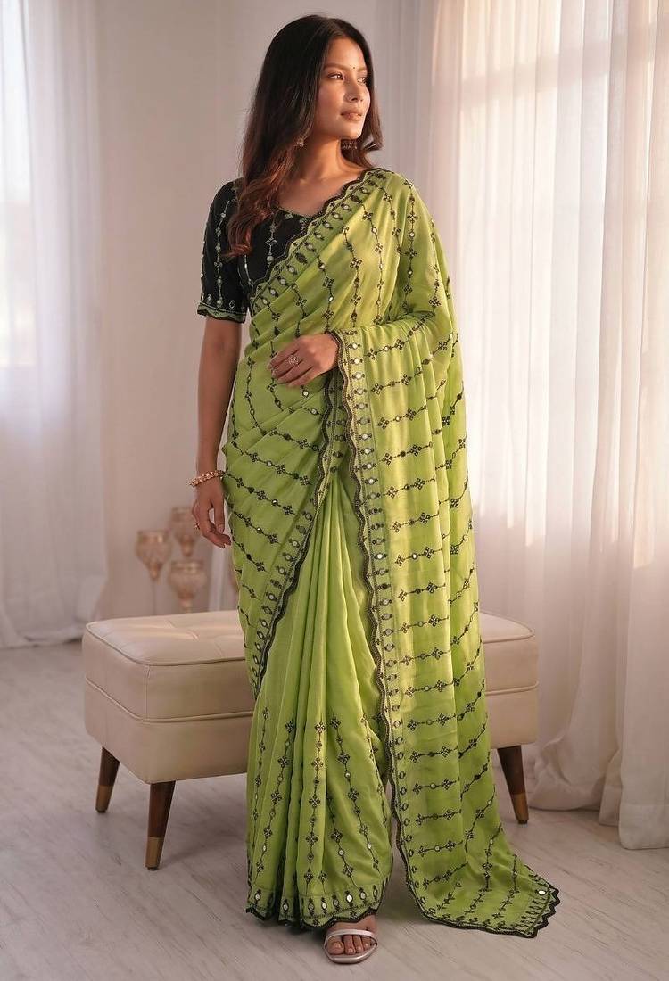 Parrot green viscose rangoli saree with floral embroidery & real mirror work